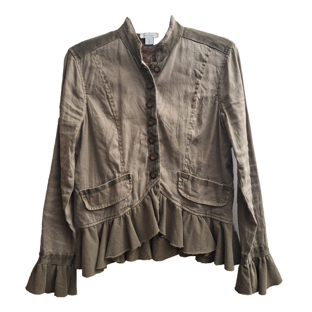 Sundance Jacket Womens Small Green Laurel Legends Linen Tencel Ruffle Military